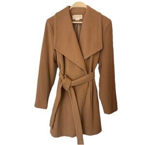 Michael Kors Womens Classic Wool Blend Belted Wrap Coat Size Large Carmel
